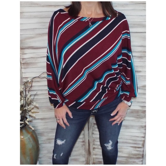 Striped Boatneck Dolman Off Shoulder Burgundy 0120 - Picture 8 of 11